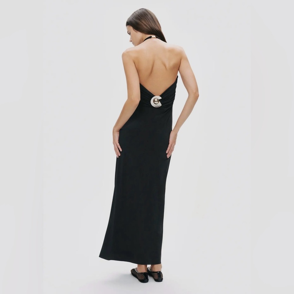 Nocturne Halter Black Jersey Maxi Dress Silver Metal Hardware Detail L NWT